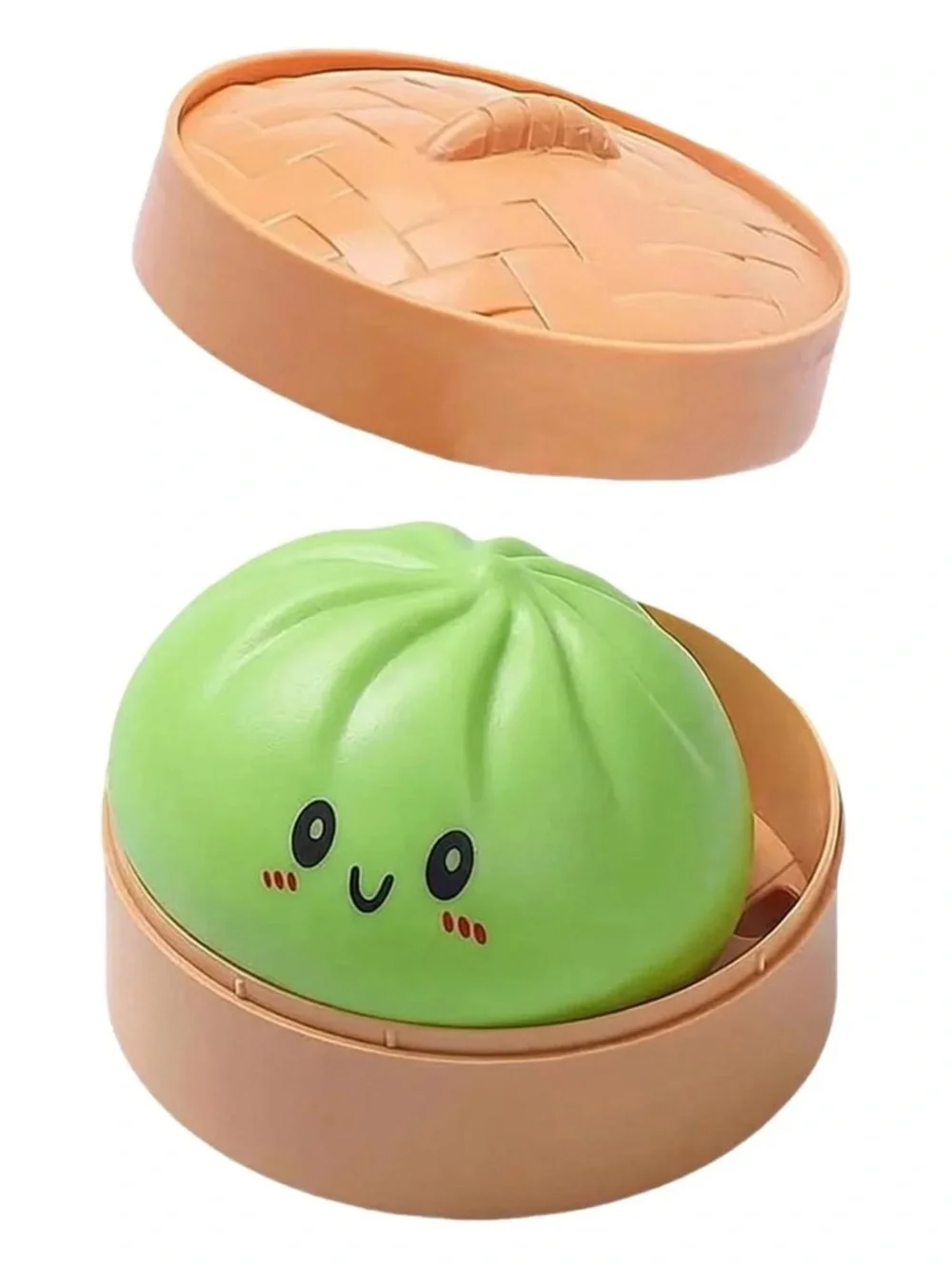 Kawaii Green Bun Squishy in Brown Steamer Case